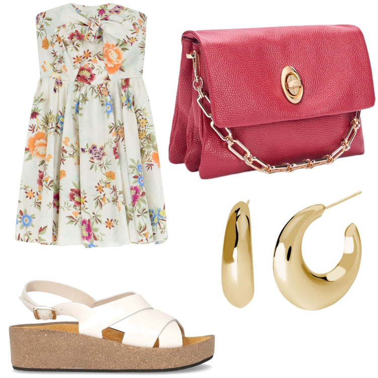 Outfit donna - Mattinata estiva. Stile Romantica per Tutti i giorni. Abbinamento con orecchini, vestiti corti, sandali, borse a tracolla.