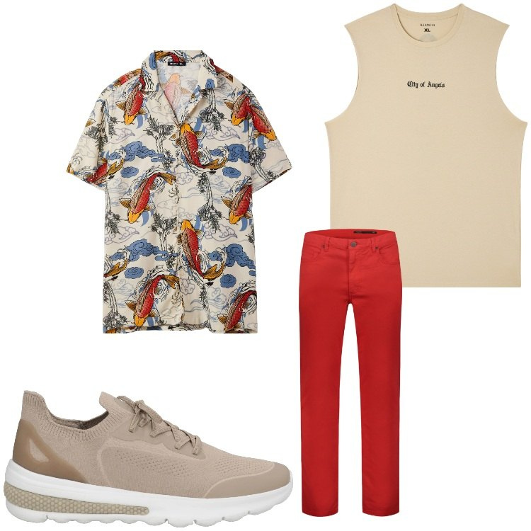 Outfit uomo - Allegria. Stile Casual per Tutti i giorni. Abbinamento con sneakers, canottiere, camicie a manica corta, pantaloni.