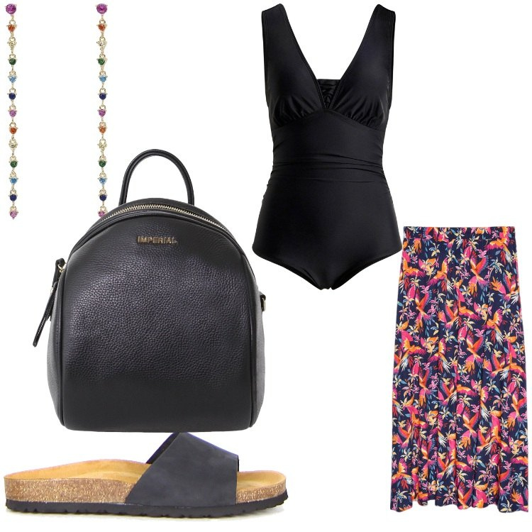 Outfit donna - Pronta per la spiaggia. Stile Basic per Mare. Abbinamento con costumi interi, orecchini, zaini, gonne lunghe, ciabatte.