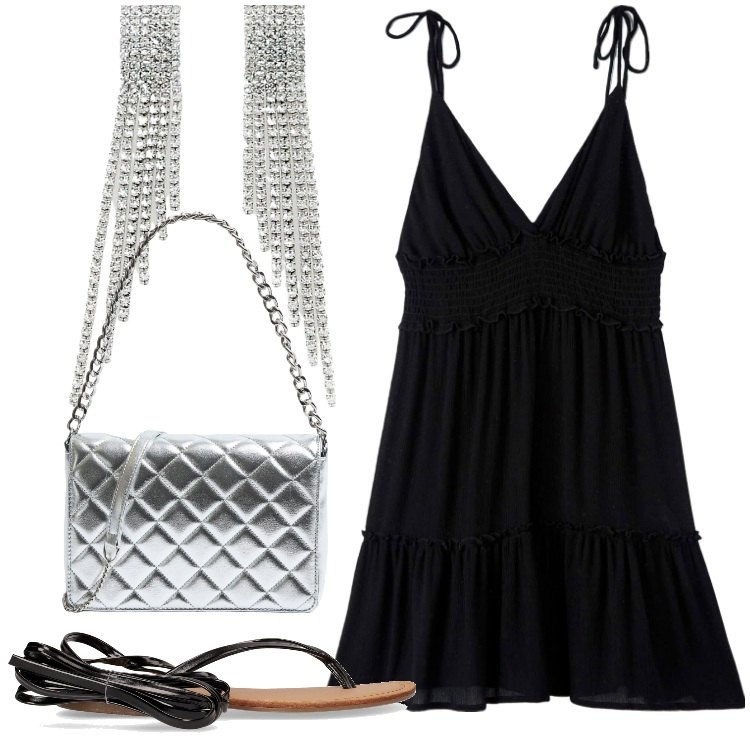 Outfit donna - Festa sulla spiaggia. Stile Casual chic per Serata fuori. Abbinamento con vestiti, borse a tracolla, orecchini, sandali alla schiava.
