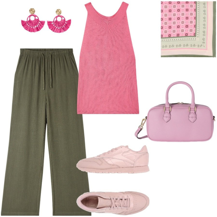 Outfit donna - Pink and green. Stile Casual per Ufficio. Abbinamento con orecchini, sneakers, top, pantaloni, foulard, borse a mano.