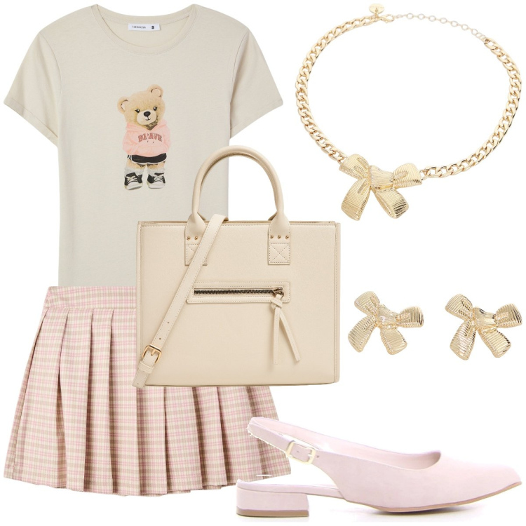 Outfit donna - Cute terranova. Stile Preppy per Tutti i giorni. Abbinamento con t-shirt, minigonne, shopping bag, orecchini, collane, décolleté.
