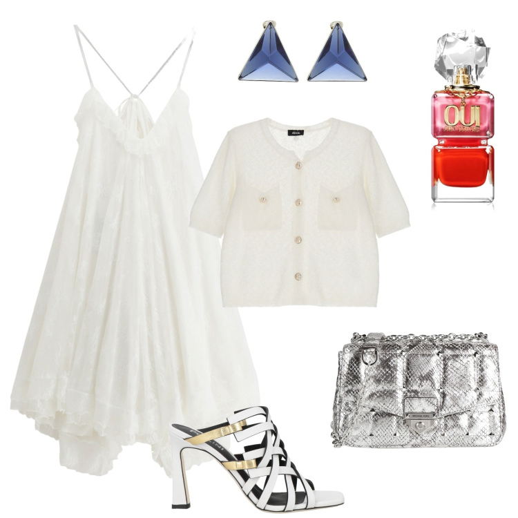 Outfit donna - Bianco e argento. Stile Casual chic per Serata fuori. Abbinamento con sandali in pelle, borse a tracolla, orecchini, profumi, vestiti corti, cardigans.