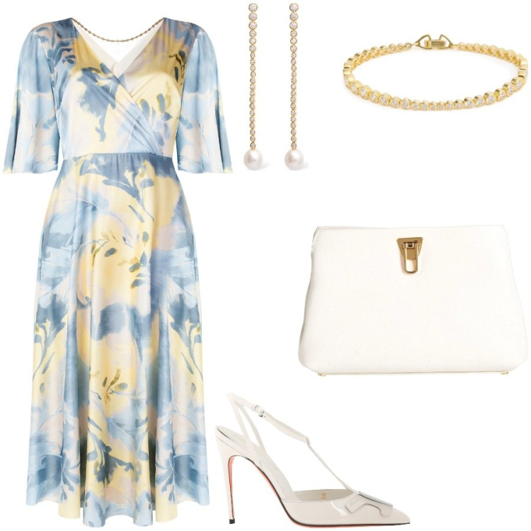 Outfit donna - Madrina. Stile Chic per Cerimonia. Abbinamento con décolleté, borse a mano, vestiti lunghi, braccialetti, orecchini.