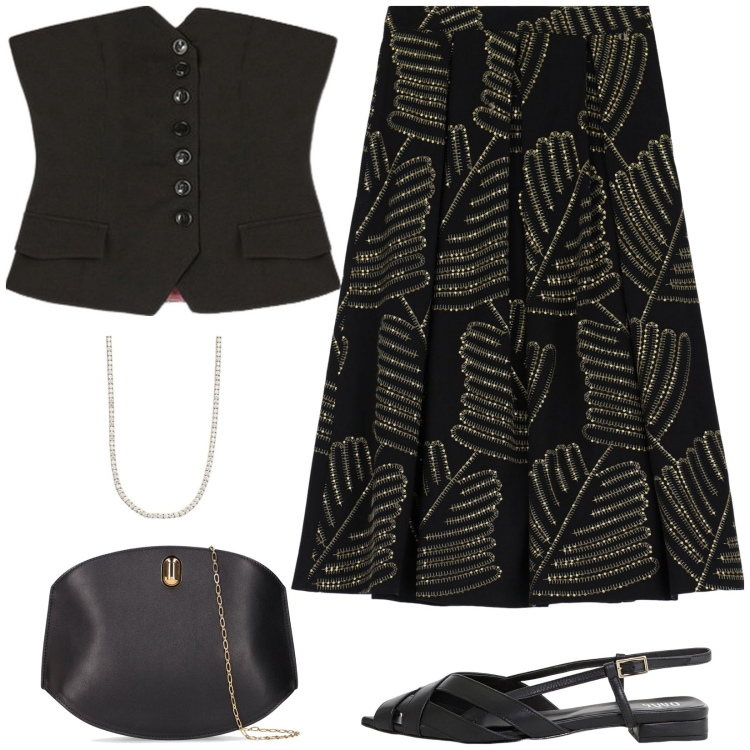Outfit donna - Serata Easy chic. Stile Casual chic per Serata fuori. Abbinamento con collane, sandali, gonne lunghe, borse a spalla, top.