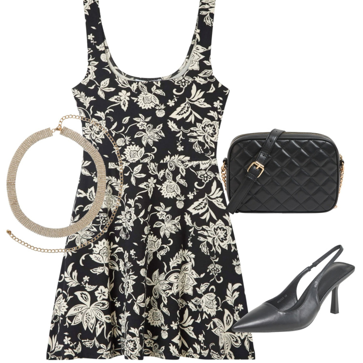 Outfit donna - Notte fiorita. Stile Romantica per Serata fuori. Abbinamento con borse a tracolla, vestiti corti, décolleté, collane.