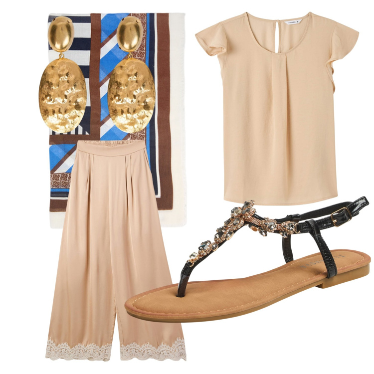 Outfit donna - Sabbia al Tramonto. Stile Chic per Serata fuori. Abbinamento con bluse, pantaloni a palazzo, sandali gioiello, foulard, orecchini.