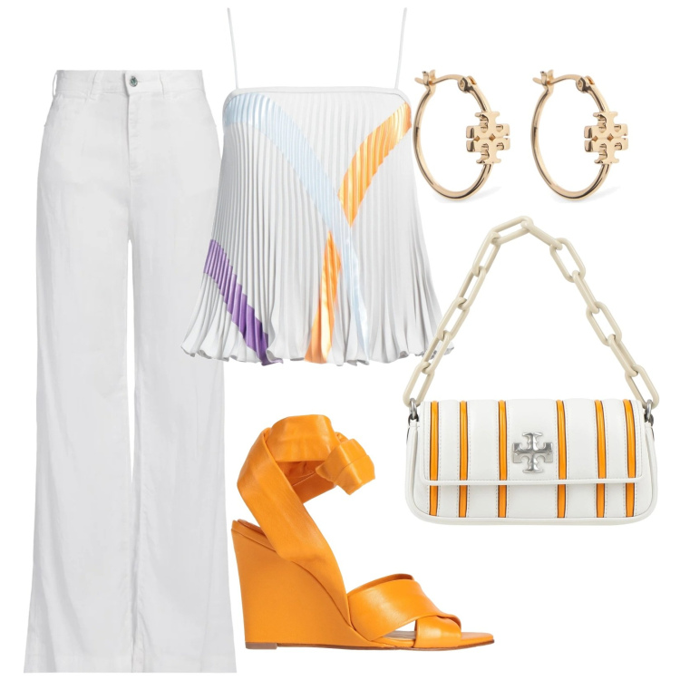 Outfit donna - Accessori Tory Burch. Stile Chic per Serata fuori. Abbinamento con top, jeans, borse a mano, sandali in pelle, orecchini.