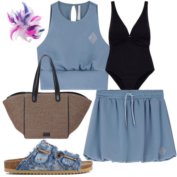 Outfit donna - Summer outfits. Stile Casual chic per Mare. Abbinamento con minigonne, top, sandali, bikini, shopping bag, accessori per capelli.