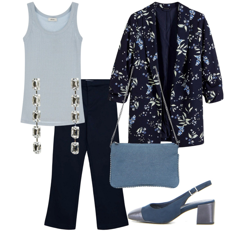 Outfit donna - Senza ritardi. Stile Bon Ton per Ufficio. Abbinamento con blazer, pantaloni, borse a tracolla, orecchini, canottiere, décolleté.