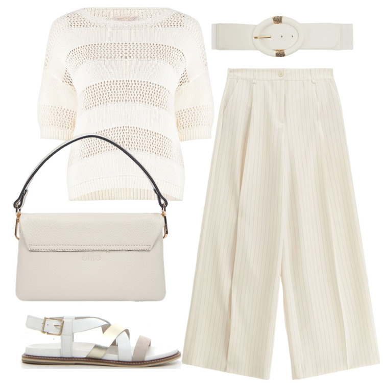 Outfit donna - Righe bianco su bianco. Stile Basic per Tutti i giorni. Abbinamento con cinture, maglieria, pantaloni a palazzo, sandali, borse a tracolla.