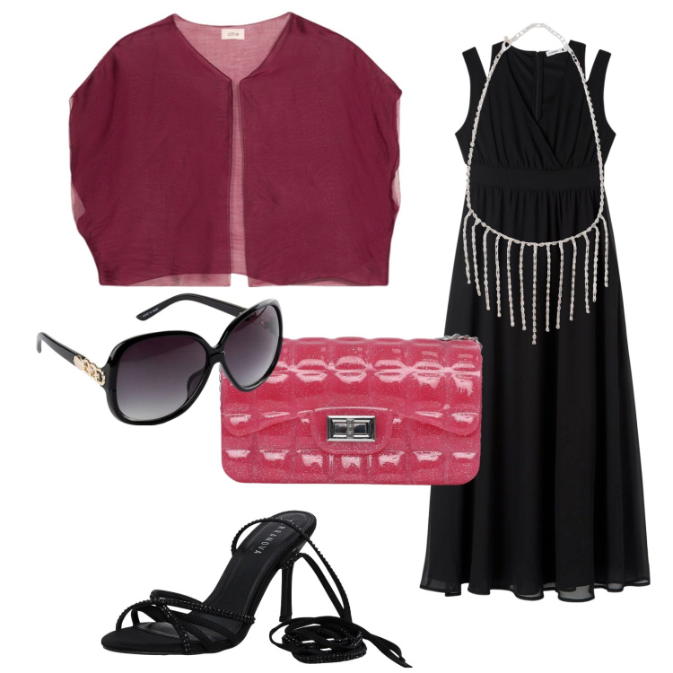 Outfit donna - Romina in cerimonia. Stile Chic per Cerimonia. Abbinamento con occhiali da sole, vestiti lunghi, borse a tracolla, sandali alla schiava, collane, blazer.