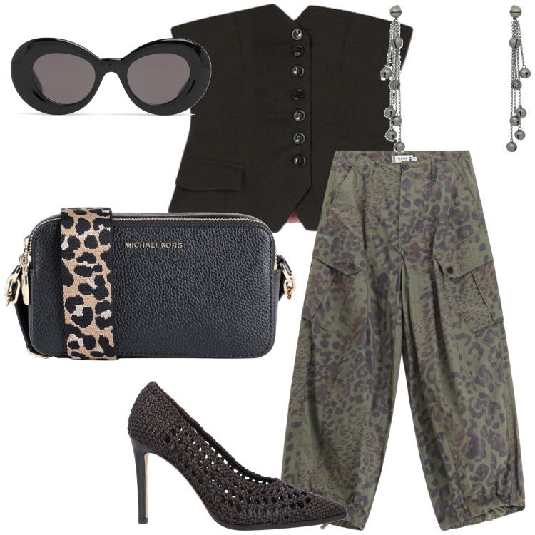 Outfit donna - Aperitivo al tramonto. Stile Sexy per Serata fuori. Abbinamento con décolleté, borse a tracolla, orecchini, pantaloni cargo, top, occhiali da sole.