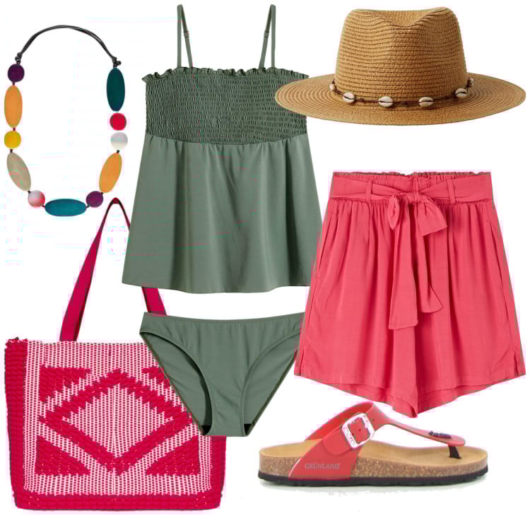 Outfit donna - Voglia di mare. Stile Boho per Mare. Abbinamento con costumi interi, shorts, cappelli, borse a mano, collane, infradito.