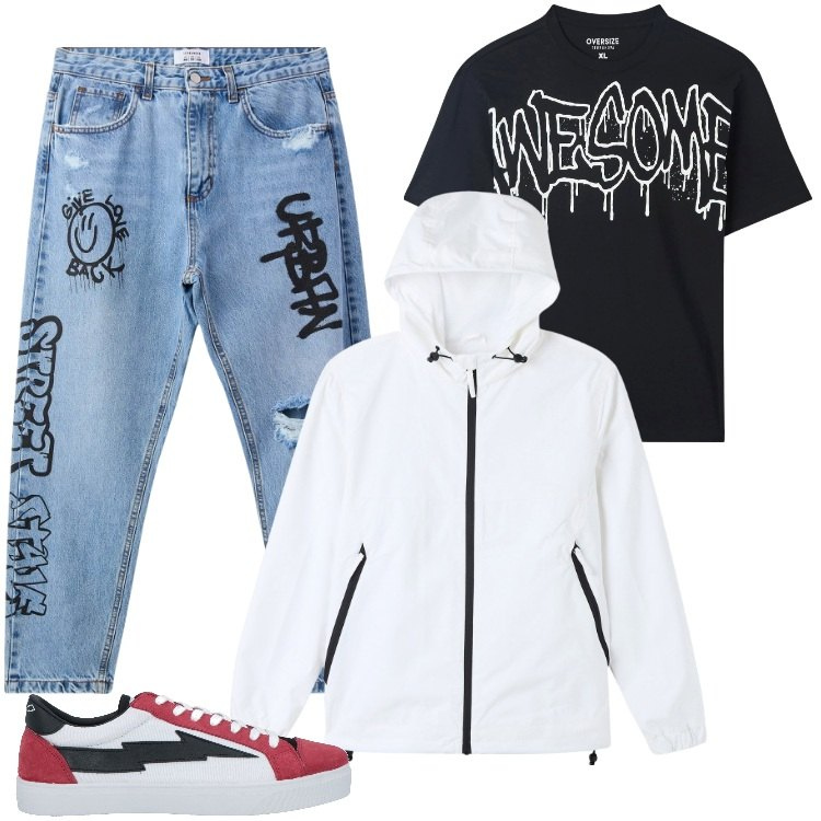 Outfit uomo - Total look #2170818. Stile Urban per Tutti i giorni. Abbinamento con sneakers, t-shirt, giacche, jeans strappati.
