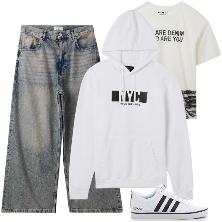Outfit uomo - Total look #2170821. Stile Trendy per Tutti i giorni. Abbinamento con jeans, t-shirt, felpe con cappuccio, sneakers.