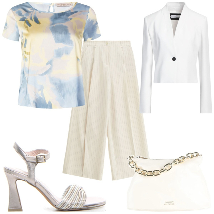 Outfit donna - Total look #2170822. Stile Trendy per Tutti i giorni. Abbinamento con blazer, borse a mano, bluse, pantaloni a palazzo, sandali col tacco.