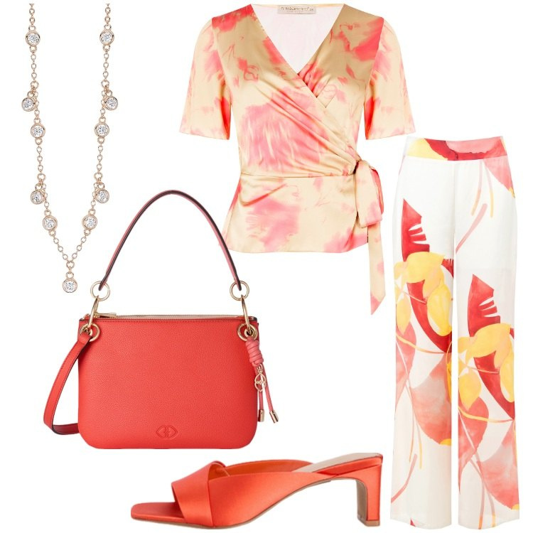 Outfit donna - Seta al tramonto. Stile Chic per Serata fuori. Abbinamento con collane, bluse, pantaloni, sabot, borse a tracolla.