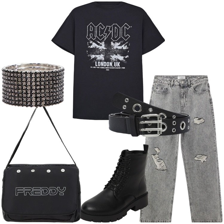 Outfit donna - Concerti rock, musica live a maggio. Stile Rock per Serata fuori. Abbinamento con jeans strappati, t-shirt, cinture, anfibi, borse messenger, braccialetti.