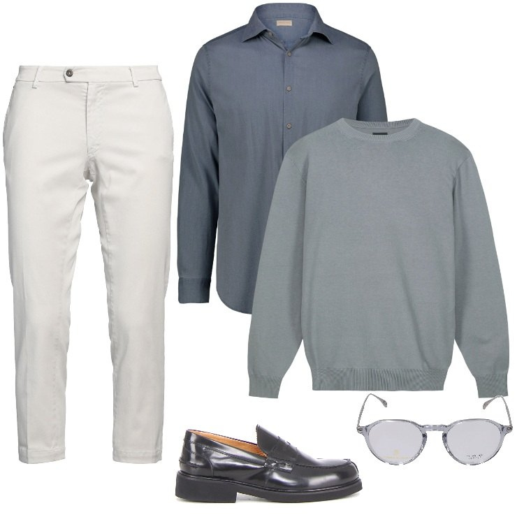 Outfit uomo - Total look #2170924. Stile Casual per Ufficio. Abbinamento con pantaloni chino, maglieria, camicie, occhiali da sole, scarpe stringate.