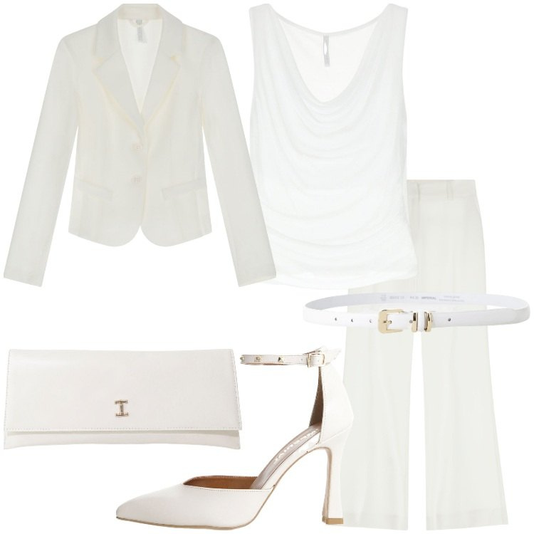 Outfit donna - Bianco assoluto by Imperial. Stile Chic per Serata fuori. Abbinamento con cinture, top, pantaloni, blazer, décolleté, pochette.