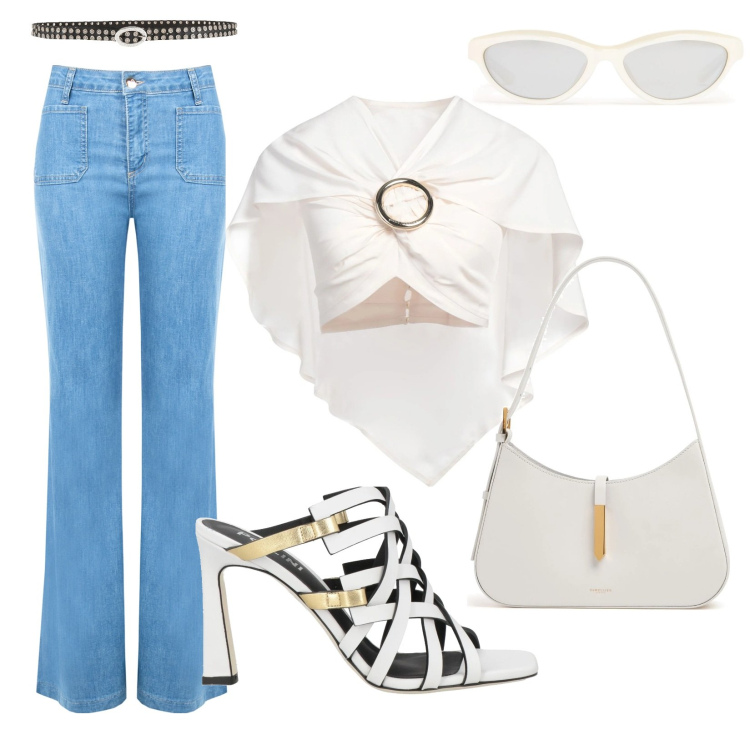 Outfit donna - Top Rabanne. Stile Casual chic per Serata fuori. Abbinamento con sandali in pelle, top, cinture, jeans, borse a spalla, occhiali da sole.