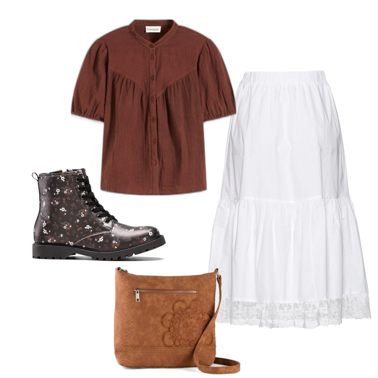 Outfit femme - Cottage bottines a fleurs. Style Romantique pour Tous les jours. Assortir avec chemises à manches courtes, sacs en bandoulière, bottines, jupes.