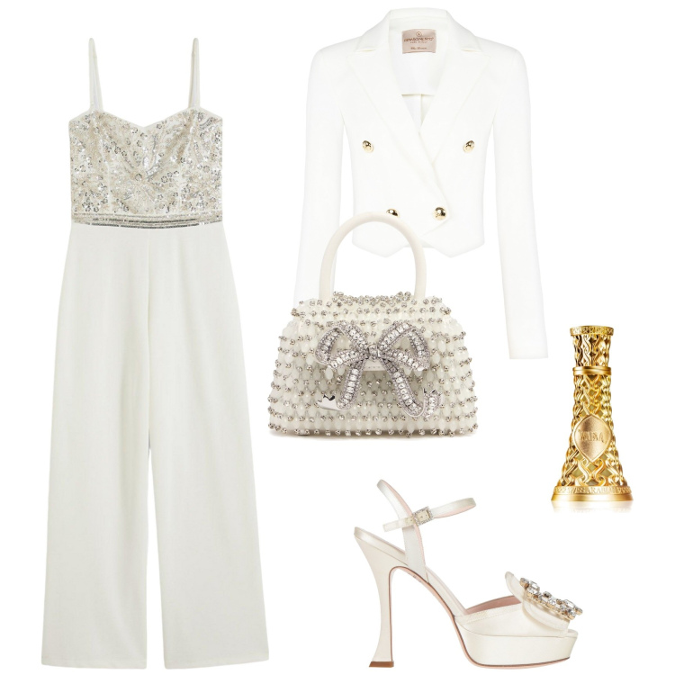 Outfit donna - Eleganza profumata. Stile Bon Ton per Cerimonia. Abbinamento con tute, sandali in pelle, profumi, blazer, borse a mano.
