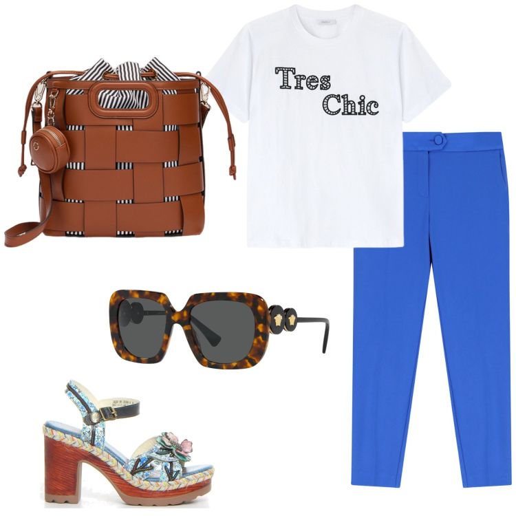 Outfit donna - Tres chic. Stile Basic per Tutti i giorni. Abbinamento con occhiali da sole, pantaloni, sandali col tacco, t-shirt, borse a secchiello.