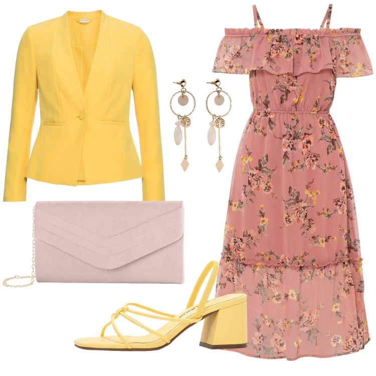 Outfit donna - L’abitino romantico. Stile Romantica per Serata fuori. Abbinamento con blazer, orecchini, sandali col tacco, vestiti, pochette.