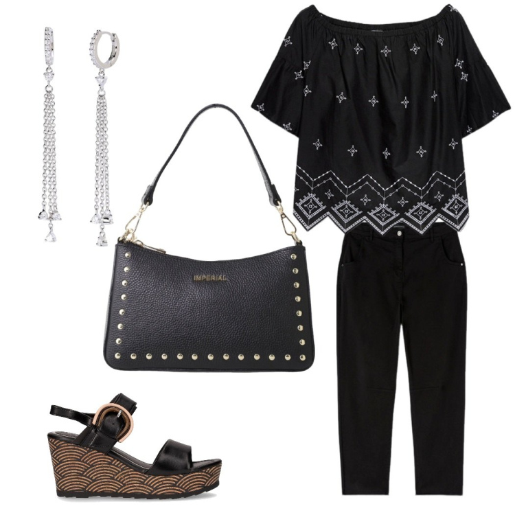 Outfit donna - Nero d\' estate. Stile Casual chic per Ufficio. Abbinamento con orecchini, borse a spalla, bluse, pantaloni, sandali col tacco.