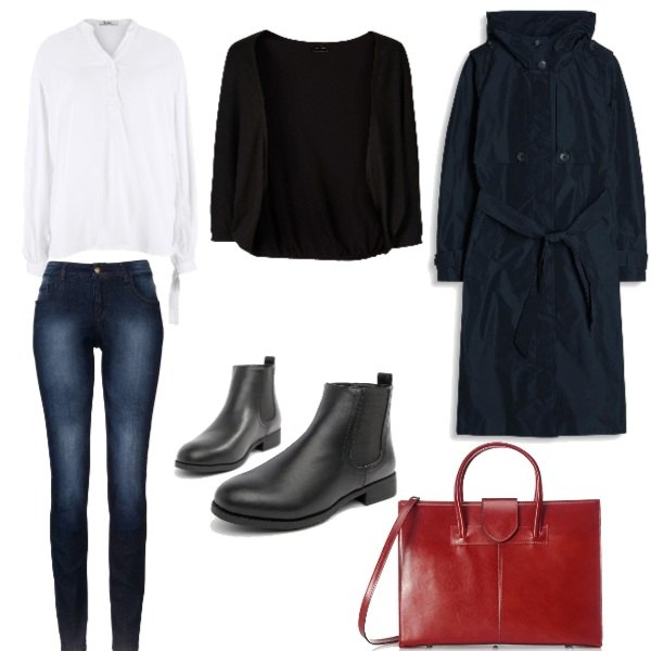 Outfit donna - Bon Ton, camicia sempre un classico. Stile Bon Ton per Tutti i giorni. Abbinamento con jeans skinny, blusa con fiocco bianco, giacchina in maglina, stivaletti chelsea, giubbotto navy, borsa a mano rosso.