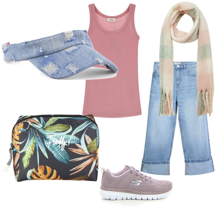 Outfit donna - Due passi al tramonto. Stile Casual chic per Tutti i giorni. Abbinamento con jeans, sciarpe, valigie, canottiere, cappelli con visiera, sneakers.