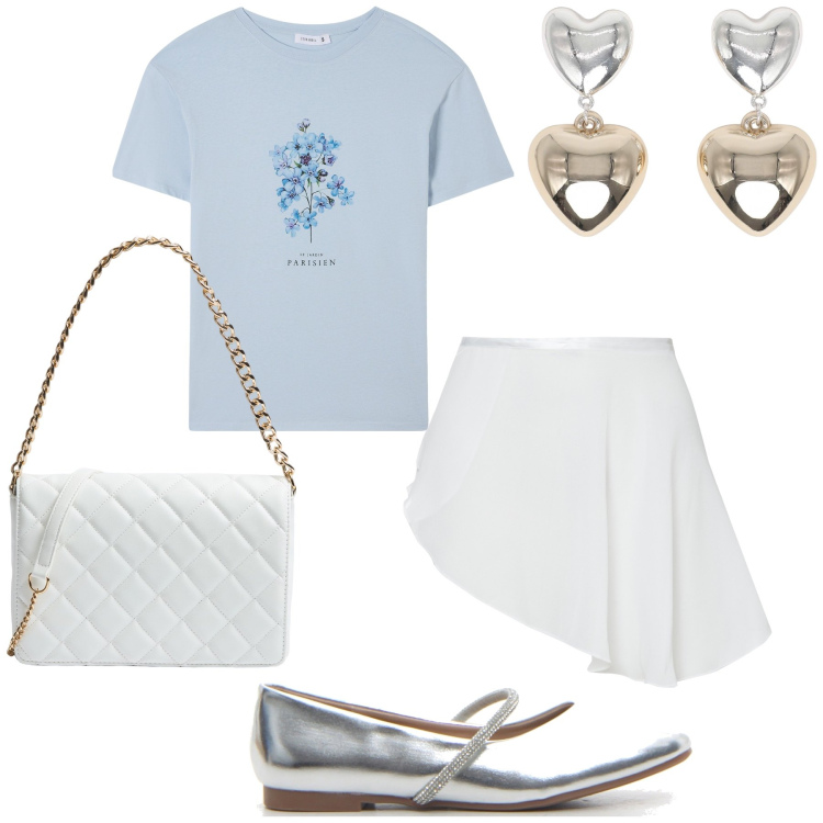 Outfit donna - Romantic silver and gold. Stile Preppy per Tutti i giorni. Abbinamento con t-shirt, orecchini, borse a tracolla, minigonne, ballerine.