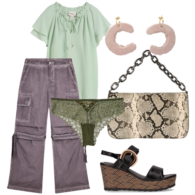 Outfit donna - Passeggiata con amica. Stile Casual chic per Tutti i giorni. Abbinamento con orecchini, culotte, tuniche, pantaloni cargo, borse a tracolla, sandali col tacco.
