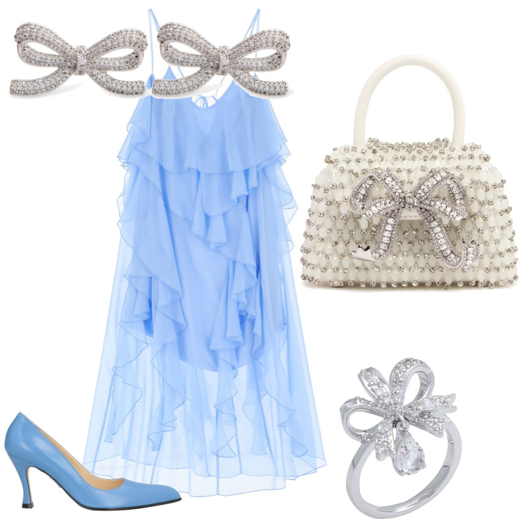 Outfit donna - La massima espressione romantica. Stile Romantica per Cerimonia. Abbinamento con anelli, décolleté, vestiti lunghi, borse a mano, orecchini.