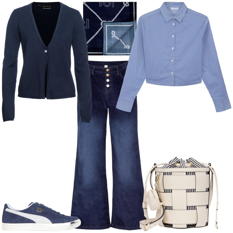 Outfit donna - Total look #2171530. Stile Trendy per Tutti i giorni. Abbinamento con cardigans, pantaloni, sneakers, camicie, foulard, borse a secchiello.