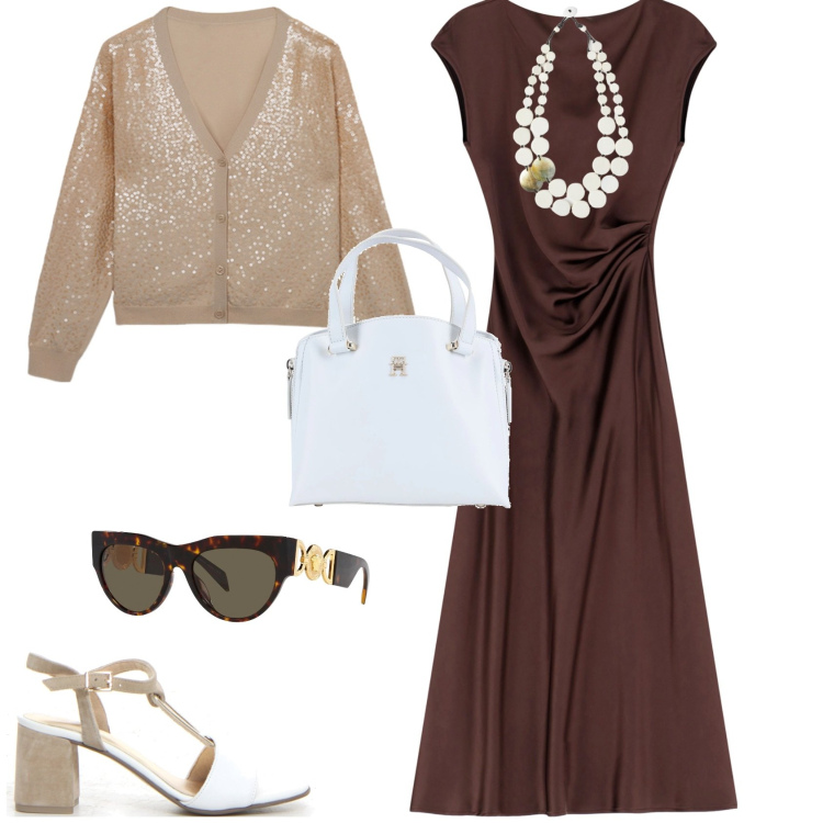 Outfit donna - Chic per tutti I giorni. Stile Chic per Tutti i giorni. Abbinamento con borse a mano, occhiali da sole, vestiti lunghi, sandali col tacco, cardigans, ciondoli.