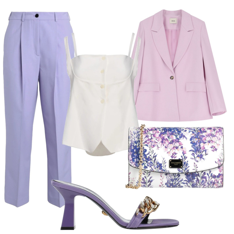 Outfit donna - La borsa fantasia. Stile Chic per Cerimonia. Abbinamento con pantaloni, sandali in pelle, top, borse a tracolla, blazer.