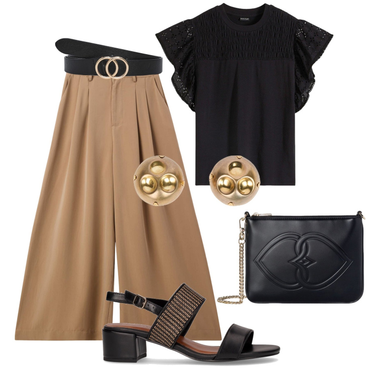 Outfit donna - Una magliettina deliziosa. Stile Glamour per Ufficio. Abbinamento con maglieria, pantaloni, cinture, pochette, sandali col tacco, orecchini.