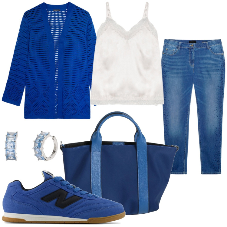 Outfit donna - Azzurra giornata. Stile Glamour per Tutti i giorni. Abbinamento con borse a mano, orecchini, sneakers, cardigans, jeans skinny, canottiere.