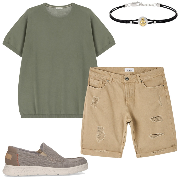 Outfit uomo - Il caldo si fa sentire. Stile Casual per Tutti i giorni. Abbinamento con bermuda, braccialetti, t-shirt, sneakers.
