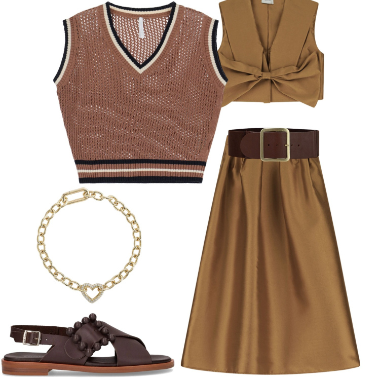 Outfit donna - Summer outfits. Stile Casual chic per Serata fuori. Abbinamento con braccialetti, maglieria, gonne, cinture, sandali.