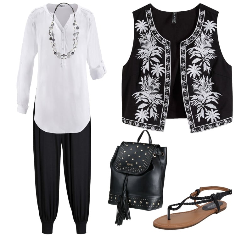 Outfit donna - Un che di esotico. Stile Etnico per Tutti i giorni. Abbinamento con tuniche, pantaloni, gilet, zaini, ciabatte, collane.