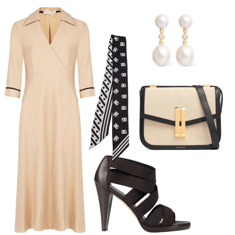 Outfit donna - Semplice e chic. Stile Chic per Serata fuori. Abbinamento con sandali in pelle, vestiti, sciarpe, orecchini, borse a spalla.