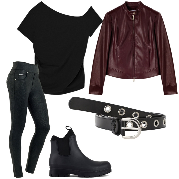 Outfit donna - Serata Rock. Stile Rock per Serata fuori. Abbinamento con cinture, jeans skinny, stivali, blazer, t-shirt.