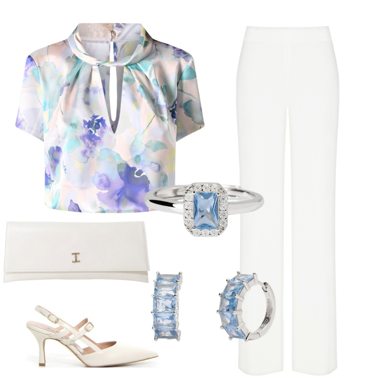 Outfit donna - Serata in bianco. Stile Bon Ton per Serata fuori. Abbinamento con pantaloni a palazzo, bluse, orecchini, anelli, pochette, décolleté.