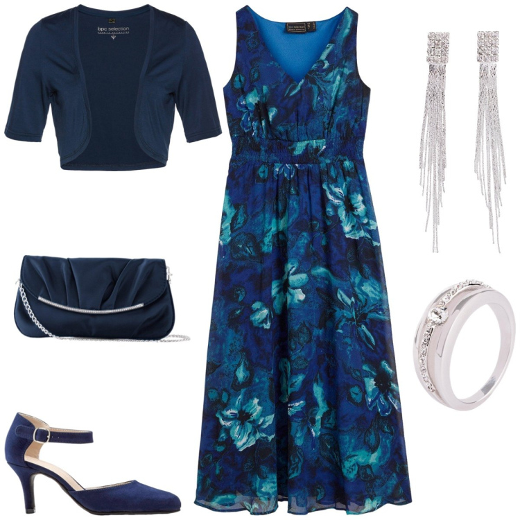 Outfit donna - Total look #2171587. Stile Romantica per Serata fuori. Abbinamento con vestiti lunghi, décolleté, anelli, orecchini, pochette, blazer.