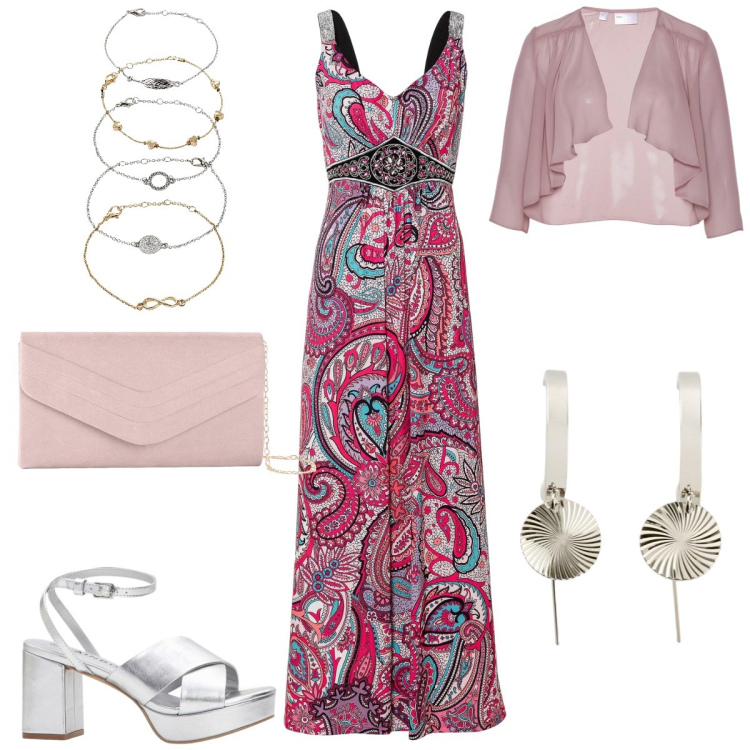 Outfit donna - Total look #2171589. Stile Boho per Serata fuori. Abbinamento con vestiti lunghi, blazer, braccialetti con ciondoli, orecchini, sandali col tacco, pochette.