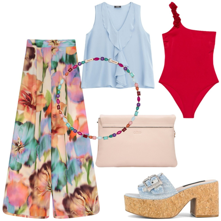 Outfit donna - Vivace. Stile Casual chic per Tutti i giorni. Abbinamento con collane, pantaloni a palazzo, top, sandali, borse a tracolla, costumi interi.